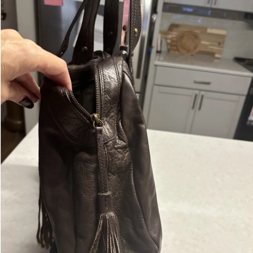 Fringe Accent Dark Brown Leather Tote Bag - Picture 3 of 9